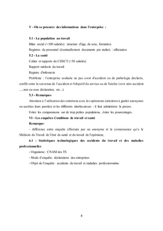 8
V - Où se procurer des informations dans l’entreprise :
5.1 - La population au travail
Bilan social (>300 salariés): structure d'âge, de sexe, formation.
Registres du personnel (éventuellement documents par atelier) : affectation
5.2 - La santé
Cahier et rapports du CHSCT (>50 salariés)
Rapport médecin du travail
Registre d'infirmerie
Problème : l’entreprise souhaite ne pas avoir d'accident ou de pathologie déclarés,
conflit entre la survenue de l’accident et l'objectif du service ou de l'atelier (voir zéro accident
..., non ou sous déclaration, etc...).
5.3 - Remarques
Attention à l’utilisation des entretiens avec les opérateurs (attention à garder anonymes
ou secrètes leurs paroles) et les différents interlocuteurs : il faut administrer la preuve.
Eviter les comparaisons sur de trop petites populations, éviter les pourcentages.
VI - Les enquêtes Conditions de travail et santé
Remarque:
- différence entre enquête effectuée par un anonyme et la connaissance qu’a le
Médecin du Travail de l’état de santé et du travail de l’opérateur,
6.1 - Statistiques technologiques des accidents du travail et des maladies
professionnelles
- Organisme: CNAM des TS
- Mode d’enquête: déclarations des entreprises
- Objet de l’enquête: accidents du travail et maladies professionnelles.
 