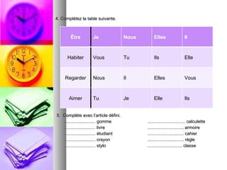 4. Complétez la table suivante. 5.  Complète avec l’article défini.   ......................... gomme  .............................. calculette ......................... livre  ............................. armoire ......................... étudiant  ............................. cahier ......................... crayon  ............................. règle ......................... stylo  ............................ classe Être Je  Nous Elles Il Habiter Vous Tu Ils Elle Regarder Nous Il Elles  Vous Aimer Tu Je Elle Ils 