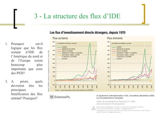 3 - La structure des flux d’IDE Pourquoi est-il logique que les flux sortant d’IDE de l’Amérique du nord et de l’Europe soient beaucoup plus importants que ceux des PED? A priori, quels devraient être les principaux bénéficiaires des flux entrant? Pourquoi? 