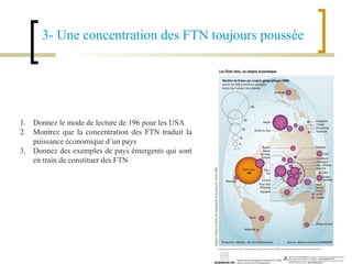 3- Une concentration des FTN toujours poussée Donnez le mode de lecture de 196 pour les USA Montrez que la concentration des FTN traduit la puissance économique d’un pays Donnez des exemples de pays émergents qui sont en train de constituer des FTN 
