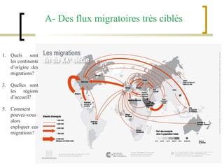 A- Des flux migratoires très ciblés Quels sont les continents d’origine des migrations? Quelles sont les régions d’accueil? Comment pouvez-vous alors expliquer ces migrations? 