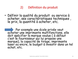 2) Définition du produit
• Définir la qualité du produit ou service à
acheter, ses caractéristiques techniques ,
le prix, la quantité à acheter, etc.
Par exemple une école privée veut
acheter une imprimante multifonctions, elle
doit spécifier la marque voulue ( à défaut
c’est le fournisseur qui lui propose une
marque), la capacité de tirage, imprimante
laser ou encre, le budget à investir dans un tel
achat, etc.
Nahla ben yekhlef- Enit 2012-2013. 14
 