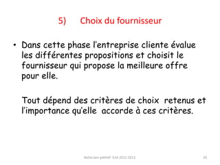 5) Choix du fournisseur
• Dans cette phase l’entreprise cliente évalue
les différentes propositions et choisit le
fournisseur qui propose la meilleure offre
pour elle.
Tout dépend des critères de choix retenus et
l’importance qu’elle accorde à ces critères.
Nahla ben yekhlef- Enit 2012-2013. 20
 