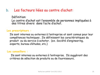 b. Les facteurs liées au centre d’achat:
Définition:
Le centre d’achat est l’ensemble de personnes impliquées à
des titres divers dans l’acte d’achat.
Les différents rôles:
Les prescripteurs :
Ils sont internes ou externes à l’entreprise et sont connus pour leur
compétences techniques . Ils définissent les caractéristiques du
produit ou du service à acheter. (ex. Société d’engineering,
experts, bureau d’études, etc.)
Les conseillers :
Ils sont internes ou externes à l’entreprise. Ils suggèrent des
critères de sélection de produits ou de fournisseurs.
Nahla ben yekhlef- Enit 2012-2013. 26
 