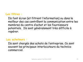 Les filtres :
Ils font écran (et filtrent l’information) ou dans le
meilleur des cas contrôlent la communication entre les
membres du centre d’achat et les fournisseurs
potentiels. Ils sont généralement très difficile à
repérer.
Les acheteurs :
Ils sont chargés des achats de l’entreprise. Ce sont
souvent les principaux interlocuteurs du technico
commercial.
Nahla ben yekhlef- Enit 2012-2013. 27
 