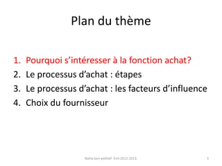 Plan du thème
1. Pourquoi s’intéresser à la fonction achat?
2. Le processus d’achat : étapes
3. Le processus d’achat : les facteurs d’influence
4. Choix du fournisseur
Nahla ben yekhlef- Enit 2012-2013. 3
 