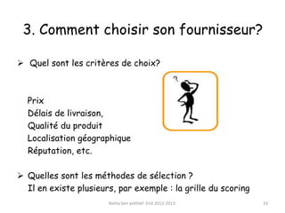 3. Comment choisir son fournisseur?
 Quel sont les critères de choix?
Prix
Délais de livraison,
Qualité du produit
Localisation géographique
Réputation, etc.
 Quelles sont les méthodes de sélection ?
Il en existe plusieurs, par exemple : la grille du scoring
Nahla ben yekhlef- Enit 2012-2013. 33
 