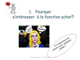 1. Pourquoi
s’intéresser à la fonction achat?
Nahla ben yekhlef- Enit 2012-2013. 4
 