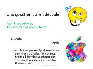 Une question qui en découle
faut-il produire ou
sous-traiter sa production?
Exemple
Apple
ne fabrique pas ses Ipad, une bonne
partie de sa production est sous
traitée à l’extérieur (disque dur:
Toshiba, Processeur multimédia:
Bradcom, etc.)
Nahla ben yekhlef- Enit 2012-2013. 6
 
