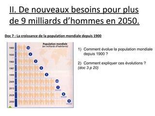 II. De nouveaux besoins pour plus 
de 9 milliards d’hommes en 2050.
Doc 7 : La croissance de la population mondiale depuis 1900
1) Comment évolue la population mondiale
depuis 1900 ?
2) Comment expliquer ces évolutions ?
(doc 3 p 20)
 