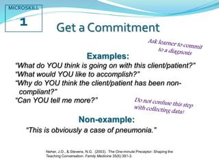 Get a Commitment
Examples:
“What do YOU think is going on with this client/patient?”
“What would YOU like to accomplish?”
“Why do YOU think the client/patient has been non-
compliant?”
“Can YOU tell me more?”
Non-example:
“This is obviously a case of pneumonia.”
MICROSKILL
1
Neher, J.O., & Stevens, N.G. (2003). The One-minute Preceptor: Shaping the
Teaching Conversation. Family Medicine 35(6):391-3.
 