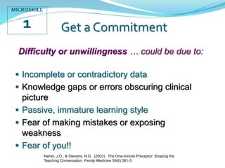 Get a Commitment
Difficulty or unwillingness … could be due to:
 Incomplete or contradictory data
 Knowledge gaps or errors obscuring clinical
picture
 Passive, immature learning style
 Fear of making mistakes or exposing
weakness
 Fear of you!!
Neher, J.O., & Stevens, N.G. (2003). The One-minute Preceptor: Shaping the
Teaching Conversation. Family Medicine 35(6):391-3.
MICROSKILL
1
 