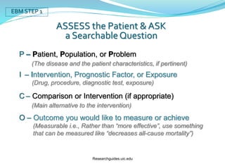 EBM STEP 1
ASSESS the Patient & ASK
a SearchableQuestion
P – Patient, Population, or Problem
(The disease and the patient characteristics, if pertinent)
I – Intervention, Prognostic Factor, or Exposure
(Drug, procedure, diagnostic test, exposure)
C – Comparison or Intervention (if appropriate)
(Main alternative to the intervention)
O – Outcome you would like to measure or achieve
(Measurable i.e., Rather than “more effective”, use something
that can be measured like “decreases all-cause mortality”)
Researchguides.uic.edu
 