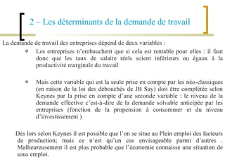2 – Les déterminants de la demande de travail   La demande de travail des entreprises dépend de deux variables :  Les entreprises n’embauchent que si cela est rentable pour elles : il faut donc que les taux de salaire réels soient inférieurs ou égaux à la productivité marginale du travail  Mais cette variable qui est la seule prise en compte par les néo-classiques (en raison de la loi des débouchés de JB Say) doit être complétée selon Keynes par la prise en compte d’une seconde variable : le niveau de la demande effective c’est-à-dire de la demande solvable anticipée par les entreprises (fonction de la propension à consommer et du niveau d’investissement ) Dès lors selon Keynes il est possible que l’on se situe au Plein emploi des facteurs de production; mais ce n’est qu’un cas envisageable parmi d’autres . Malheureusement il est plus probable que l’économie connaisse une situation de sous emploi. 