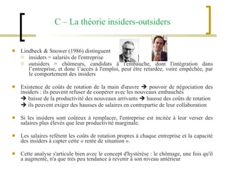 C – La théorie insiders-outsiders Lindbeck & Snower (1986) distinguent  insiders = salariés de l'entreprise  outsiders = chômeurs, candidats à l'embauche, dont l'intégration dans l’entreprise, et donc l’accès à l'emploi, peut être retardée, voire empêchée, par le comportement des insiders Existence de coûts de rotation de la main d'œuvre    pouvoir de négociation des insiders : ils peuvent refuser de coopérer avec les nouveaux embauchés     baisse de la productivité des nouveaux arrivants    hausse des coûts de rotation     ils peuvent exiger des hausses de salaires en contrepartie de leur collaboration  Si les insiders sont coûteux à remplacer, l'entreprise est incitée à leur verser des salaires plus élevés que leur productivité marginale.  Les salaires refètent les coûts de rotation propres à chaque entreprise et la capacité des insiders à capter cette « rente de situation ». Cette analyse s'articule bien avec le concept d'hystérèse : le chômage, une fois qu'il a augmenté, n'a que très peu tendance à revenir à son niveau antérieur 