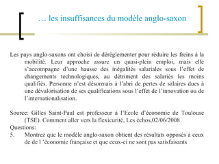 Les pays anglo-saxons ont choisi de déréglementer pour réduire les freins à la mobilité. Leur approche assure un quasi-plein emploi, mais elle s’accompagne d’une hausse des inégalités salariales sous l’effet de changements technologiques, au détriment des salariés les moins qualifiés. Personne n’est désormais à l’abri de pertes de salaires dues à une dévalorisation de ses qualifications sous l’effet de l’innovation ou de l’internationalisation. Source: Gilles Saint-Paul est professeur à l’Ecole d’économie de Toulouse (TSE). Comment aller vers la flexicurité, Les échos,02/06/2008 Questions: Montrez que le modèle anglo-saxon obtient des résultats opposés à ceux de de l ’économie française et que ceux-ci ne sont pas satisfaisants …  les insuffisances du modèle anglo-saxon 
