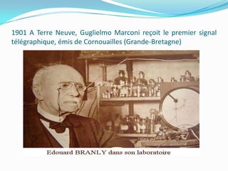 1901 A Terre Neuve, Guglielmo Marconi reçoit le premier signal
télégraphique, émis de Cornouailles (Grande-Bretagne)

 