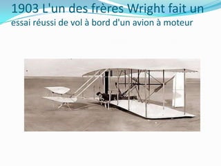 1903 L'un des frères Wright fait un
essai réussi de vol à bord d'un avion à moteur

 