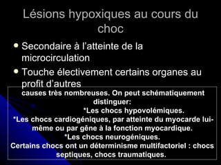 Lésions hypoxiques au cours du
                choc
 Secondaire à l’atteinte de la
  microcirculation
 Touche électivement certains organes au
  profit d’autres
   causes très nombreuses. On peut schématiquement
                       distinguer:
                    *Les chocs hypovolémiques.
 *Les chocs cardiogéniques, par atteinte du myocarde lui-
      même ou par gêne à la fonction myocardique.
               *Les chocs neurogéniques.
Certains chocs ont un déterminisme multifactoriel : chocs
             septiques, chocs traumatiques.
 