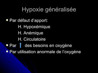 Hypoxie généralisée
 Par défaut d’apport:
      H. Hypoxémique
      H. Anémique
      H. Circulatoire
 Par      des besoins en oxygène
 Par utilisation anormale de l’oxygène
 