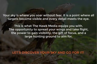 LET’S DISCOVER YOUR SKY AND GO FOR IT!
Your sky is where you soar without fear. It is a point where all
targets become visible and every detail meets the eye.
This is what The Hawk Media equips you with.
The opportunity to spread your wings and take flight,
the power to gain visibility, the gift of focus, and a
large hunting ground to aim for.
 