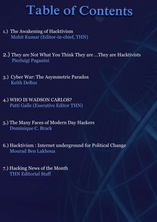 T be f o tns
        a lo C ne t
1 T e w knn o Haki s
. h A a e ig f ct i
 )                vm
  Mo iK ma (dtr nc i , HN
    ht u rE i - -he T )
               oi    f


2) h y r No Wh t o T ikT e ae h y r Hakii s
 .T e ae t a Y u hn h y r …T e ae ct s vt
  Pelii aa ii
   i ug P gnn
    r


3)C b r rT e smmer P rd x
 . y e Wa: h A y t c aa o
                  i
  Ki D Bs
   eh eu
    t


4)
 .WHOI WA S NC R O ?
       S DO ALS
  P t G l (xct e dtr HN
   at a e E eui E i T )
     i l      v    o


5 T e n F cs f d r D y ces
 . h Ma y ae o Mo en a Hakr
 )
  D miiu C B ak
   o nq e . rc


6) ct i :nen t n ego n fr oicl h n e
 .Haki s Itre u d rru d o P li C a g
      vm                     ta
  Mo rdB nL k o a
    ua e a h u


7 Hakn N w o te nh
 . cig e s fh Mo t
 )
  T E i r l tf
   HN dt i Saf
       oa
 