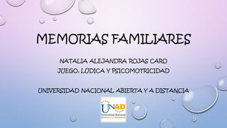 MEMORIAS FAMILIARES
NATALIA ALEJANDRA ROJAS CARO
JUEGO, LÚDICA Y PSICOMOTRICIDAD
UNIVERSIDAD NACIONAL ABIERTA Y A DISTANCIA
 