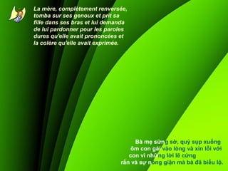 La mère, complètement renversée,
tomba sur ses genoux et prit sa
fille dans ses bras et lui demanda
de lui pardonner pour les paroles
dures qu'elle avait prononcées et
la colère qu'elle avait exprimée.

Bà mẹ sững sờ, quỳ sụp xuống
ôm con gái vào lòng và xin lỗi với
con vì những lời lẽ cứng
rắn và sự nóng giận mà bà đã biểu lộ.

 