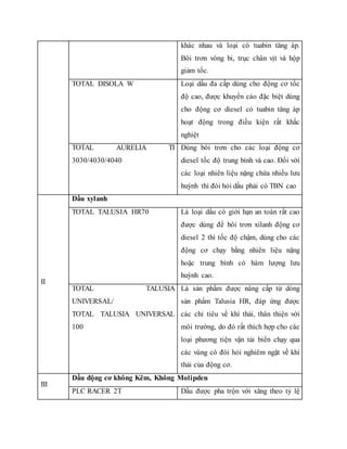 khác nhau và loại có tuabin tăng áp.
Bôi trơn vòng bi, trục chân vịt và hộp
giảm tốc.
TOTAL DISOLA W Loại dầu đa cấp dùng cho động cơ tốc
độ cao, được khuyến cáo đặc biệt dùng
cho động cơ diesel có tuabin tăng áp
hoạt động trong điều kiện rất khắc
nghiệt
TOTAL AURELIA TI
3030/4030/4040
Dùng bôi trơn cho các loại động cơ
diesel tốc độ trung bình và cao. Đối với
các loại nhiên liệu nặng chứa nhiều lưu
huỳnh thì đòi hỏi dầu phải có TBN cao
II
Dầu xylanh
TOTAL TALUSIA HR70 Là loại dầu có giới hạn an toàn rất cao
được dùng để bôi trơn xilanh động cơ
diesel 2 thì tốc độ chậm, dùng cho các
động cơ chạy bằng nhiên liệu nặng
hoặc trung bình có hàm lượng lưu
huỳnh cao.
TOTAL TALUSIA
UNIVERSAL/
TOTAL TALUSIA UNIVERSAL
100
Là sản phẩm được nâng cấp từ dòng
sản phẩm Talusia HR, đáp ứng được
các chỉ tiêu về khí thải, thân thiện với
môi trường, do đó rất thích hợp cho các
loại phương tiện vận tải biển chạy qua
các vùng có đòi hỏi nghiêm ngặt về khí
thải của động cơ.
III
Dầu động cơ không Kẽm, Không Molipden
PLC RACER 2T Dầu được pha trộn với xăng theo tỷ lệ
 