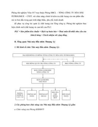 Phòng thử nghiệm Vilas 017 trực thuộc Phòng ĐBCL – TỔNG CÔNG TY HÓA DẦU
PETROLIMEX – CTCP, với chức năng chính là kiểm tra chất lượng các sản phẩm dầu
mỏ và hoá dầu trong quá trình nhập khẩu, pha chế, kinh doanh
để phục vụ công tác quản lý chất lượng của Tổng công ty. Phòng thử nghiệm thực
hiện chính sách chất lượng và cam kết của PLC:
PLC = Sản phẩm tiêu chuẩn + Dịch vụ hoàn hảo + Thoả mãn tốt nhất nhu cầu của
khách hàng + Trách nhiệm với cộng đồng.
II. Tổng quan Nhà máy Dầu nhờn Thượng Lý
1. Mô hình tổ chức Nhà máy Dầu nhờn Thượng Lý:
2. Các phòng ban chức năng của Nhà máy Dầu nhờn Thượng Lý gồm:
a. Chức năng của Phòng KHĐĐVT:
 