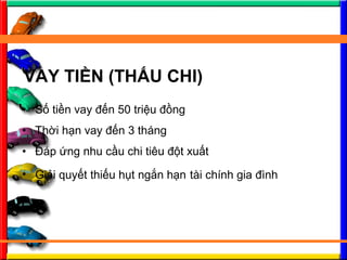 ? S? ti?n vay ??n 50 tri?u ??ng
? Th?i h?n vay ??n 3 thng
? ?p ?ng nhu c?u chi tiu ??t xu?t
? Gi?i quy?t thi?u h?t ng?n h?n ti chnh gia ?nh
VAY TI?N (TH?U CHI)
 