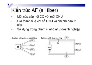 Kiến trúc AF (all fiber)
•  Một cặp cáp nối CO với mỗi ONU
•  Giá thành tỉ lệ với số ONU và chi phí bảo trì
cáp
•  Sử dụng trong phạm vi nhỏ như doanh nghiệp
 
