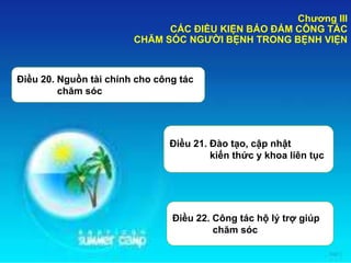 Chương III
CÁC ĐIỀU KIỆN BẢO ĐẢM CÔNG TÁC
CHĂM SÓC NGƯỜI BỆNH TRONG BỆNH VIỆN
Điều 20. Nguồn tài chính cho công tác
chăm sóc
Điều 21. Đào tạo, cập nhật
kiến thức y khoa liên tục
Điều 22. Công tác hộ lý trợ giúp
chăm sóc
 