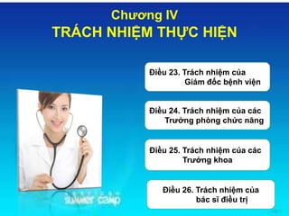 Chương IV
TRÁCH NHIỆM THỰC HIỆN
Điều 23. Trách nhiệm của
Giám đốc bệnh viện
Điều 24. Trách nhiệm của các
Trưởng phòng chức năng
Điều 25. Trách nhiệm của các
Trưởng khoa
Điều 26. Trách nhiệm của
bác sĩ điều trị
 