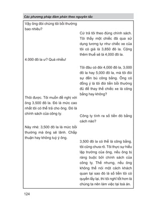 Vậy ông đòi chúng tôi bồi thường
bao nhiêu?
4.000 đô la ư? Quá nhiều!
Thôi được. Tôi muốn đề nghị với
ông 3,500 đô la. Đó là mức cao
nhất tôi có thể trả cho ông. Đó là
chính sách của công ty.
Này nhé: 3,500 đô la là mức bồi
thường mà ông sẽ lãnh. Chấp
thuận hay không tuỳ ý ông.
Cứ trả tôi theo đúng chính sách.
Tôi thấy một chiếc đã qua sử
dụng tương tự như chiếc xe của
tôi có giá là 3,850 đô la. Cộng
thêm thuế sẽ là 4,000 đô la.
Tôi đâu có đòi 4,000 đô la, 3,000
đô la hay 5,000 đô la, mà tôi đòi
sự đền bù công bằng. Ông có
đồng ý là tôi đòi tiền bồi thường
đủ để thay thế chiếc xe là công
bằng hay không?
Công ty tính ra số tiền đó bằng
cách nào?
3,500 đô la có thể là công bằng,
tôi cũng chưa rõ. Tôi thực sự hiểu
lập trường của ông, nếu ông bị
ràng buộc bởi chính sách của
công ty. Thế nhưng, nếu ông
không thể nói một cách khách
quan tại sao đó là số tiền tôi có
quyền lấy lại, thì tôi nghĩ tốt hơn là
chúng ta nên làm việc tại toà án.
Các phng pháp đàm phán theo nguyên t c
124
 