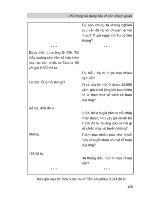 Nửa giờ sau đó Tom bước ra với tấm chi phiếu 8,024 đô la.
* * *
Được thôi, thưa ông Griffith. Tôi
thấy quảng cáo trên số báo hôm
nay rao bán chiếc xe Taurus ’89
với giá 6,800 đô la.
49,000. Ông hỏi làm gì?
Để coi. 450 đô la.
Không.
125 đô la.
* * *
Tại sao chúng ta không nghiên
cứu vấn đề và nói chuyện lại với
nhau? 11 giờ ngày thứ Tư có tiện
không?
* * *
Tôi hiểu. Xe đi được bao nhiêu
dặm rồi?
Vì xe của tôi mới đi được 25,000
dặm, giá trị sẽ tăng lên bao nhiêu
đô la theo như sổ sách kế toán
của ông?
6.800 đô la là giá trần có thể chấp
nhận được, như vậy giá sẽ lên tới
7,250 đô la. Quảng cáo có nói gì
về chiếc máy vô tuyến không?
Thêm bao nhiêu nữa cho chiếc
máy vô tuyến theo như sổ kế toán
của ông?
Hệ thống điều hòa thì bao nhiêu
tiền?
* * *
Chú trọng sử dụng tiêu chuẩn khách quan
125
 