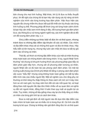 10 câu h i th ng g p
214
bản chung cho mọi tình huống. Mặt khác, khi lý lẽ đưa ra thiếu thuyết
phục, lời đề nghị của chúng tôi là bạn hãy vận dụng các kỹ năng và kinh
nghiệm của mình vào từng trường hợp đàm phán. Việc thực hiện các
nguyên tắc chung nhằm thu được kết quả tốt nhất còn tùy thuộc vào từng
tình huống cụ thể. Phương pháp để thích ứng với từng hoàn cảnh chính
là bạn hãy cân nhắc xem mình đang ở đâu, đối tượng tham gia đàm phán
là ai, các thông lệ cư xử trong ngành nghề này, các kinh nghiệm đã có đối
với đối tượng đàm phán này, v..v.
Chú ý đến những sự khác biệt về đức tin và thói quen, nhưng
tránh đưa ra những đặc điểm rập khuôn về các cá nhân. Các nhóm
và địa điểm khác nhau sẽ có những thói quen và đức tin khác nhau. Hãy
hiểu biết và tôn trọng họ, nhưng hãy luôn cân nhắc khi đưa ra bất kỳ giả
định nào về từng cá nhân.
Thái độ, sở thích và những đặc điểm khác của một cá nhân thường
khác hoàn toàn với những thành viên trong nhóm. Ví dụ, người Nhật “bình
thường” nói chung có khuynh hướng thích các phương pháp giao tiếp và
đàm phán gián tiếp hơn, nhưng xét về phương diện tưnừng cá nhân,
người Nhật vẫn có đủ toàn bộ các phong cách đàm phán. Có một bộ
trưởng xuất chúng của Chính phủ Nhật nổi tiếng vì phong cách đàm phán
xấc xược “kiểu Mỹ” nhưng cũng không hoàn toàn giống với bất kỳ kiểu
điển hình nào của nhiều người Mỹ. Một số nghiên cứu cho rằng phụ nữ
thường có khả năng thu thập thông tin theo cách cởi mở và ít máy móc
hơn so với nam giới, họ nhạy cảm hơn đối với các mối quan hệ, và hoạt
động theo một nguyên tắc đạo đức thiên nhiều về sự quan tâm và nghĩa
vụ đối với người khác, đồng thời ít tuân theo quy luật và quyền lợi cá
nhân. Tuy nhiên, những số liệu giống nhau này lại cho thấy rằng có nhiều
cá nhân của từng giới tính lại có cách làm khác.
Đưa ra một giả định về một người nào đó dựa trên đặc điểm của
toàn nhóm là hoàn toàn sai và nhiều rủi ro trong thực tế. Cá tính của đối
tượng bị bỏ qua. Chúng ta không nên giả định rằng đức tin và thói quen
 