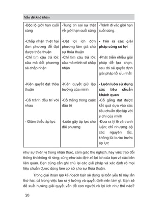 như sự thiên vị trong nhận thức, cảm giác thù nghịch, hay việc trao đổi
thông tin không rõ ràng; cũng như xác định rõ lợi ích của bạn và các bên
liên quan. Bạn cũng cần ghi chú lại các giải pháp và xác định rõ mọi
tiêu chuẩn được dùng làm cơ sở cho sự thỏa thuận.
Trong giai đoạn lập kế hoạch bạn sẽ dùng lại bốn yếu tố này lần
thứ hai, cả trong việc tạo ra ý tưởng và quyết định nên làm gì. Bạn sẽ
đề xuất hướng giải quyết vấn đề con người và lợi ích như thế nào?
-Bộc lộ giới hạn cuối
cùng
-Chấp nhận thiệt hại
đơn phương để đạt
được thỏa thuận
-Chỉ tìm câu trả lời:
câu mà đối phương
sẽ chấp nhận
-Kiên quyết đạt thỏa
thuận
-Cố tránh đấu trí với
nhau
- Giảm thiểu áp lực
-Tung tin sai sự thật
về giới hạn cuối cùng
-Đặt lợi ích đơn
phương làm giá cho
sự thỏa thuận
-Chỉ tìm câu trả lời:
câu mà mình sẽ chấp
nhận
-Kiên quyết giữ lập
trường của mình
-Cố thắng trong cuộc
đấu trí
-Luôn gây áp lực cho
đối phương
-Tránh đi vào giới hạn
cuối cùng.
- Tìm ra các giải
pháp cùng có lợi
-Phát triển nhiều giải
pháp để lựa chọn,
sau đó sẽ quyết định
giải pháp tối ưu nhất
- Luôn luôn sử dụng
các tiêu chuẩn
khách quan
-Cố gắng đạt được
kết quả dựa vào các
tiêu chuẩn độc lập với
ý chí của mình
-Đưa ra lý lẽ và tranh
luận; chỉ nhượng bộ
các nguyên tắc,
không lùi bước trước
áp lực
V n đ khó khăn
26
 