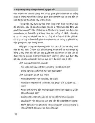 vậy, nhóm sinh viên vũ trang một khi đã giam giữ các con tin thì chẳng
có gì là không hợp lý khi tiếp tục giam giữ họ thêm nữa và chờ đến khi
nào đạt được thỏa hiệp hãy phóng thích.
Trong việc xây dựng sự lựa chọn theo nhận thức hiện thực của
đối phương, câu hỏi đầu tiên được nêu ra là “Tôi muốn tác động vào
quyết định của ai?”. Câu hỏi thứ hai là đối phương hiện có biết được bạn
muốn họ quyết định điều gì không. Nếu bạn không có ý kiến về những
gì họ cho rằng họ sẽ phải làm thì họ cũng sẽ không có ý kiến gì khác.
Đó là lý do duy nhất có thể giải thích tại sao họ lại không quyết định sự
việc giống như bạn mong muốn.
Bây giờ, chúng ta hãy cùng phân tích các kết quả từ bảng minh
họa đã nêu trên. Ở vị trí của đối phương, họ có thể sẽ thấy được sự
đồng ý hay phản đối đối với các quyết định của mình khi các vấn đề
được nêu ra. Bạn có thể tham khảo danh sách liệt kê kết quả dưới đây,
rất hữu ích cho việc phân tích kết quả từ ví dụ minh họa ở trên:
Ảnh hưởng đến lợi ích cá nhân
− Tôi sẽ bị mất hay có thêm sự hỗ trợ về mặt chính trị?
− Đồng nghiệp sẽ chỉ trích hay tán dương tôi?
Ảnh hưởng lên lợi ích của nhóm
− Hệ quả tạm thời và hệ quả lâu dài là gì?
− Hệ quả về mặt kinh tế (chính trị, luật pháp, tâm lý, quân sự… )
là gì?
− Nó sẽ ảnh hưởng đến những người hỗ trợ bên ngoài và ý kiến
công chúng ra sao?
− Các tiền lệ sẽ làm cho vấn đề trở nên tốt hơn hay xấu đi?
− Quyết định vấn đề này có làm cho vấn đề khác tốt hơn không?
− Hành động này có phù hợp với các nguyên tắc của chúng ta
không? Hành động này có đúng không?
Các phng pháp đàm phán theo nguyên t c
66
 