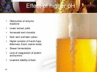 105
• Obstruction of enzyme
reactions
• Lower extract yield
• Increased wort viscosity
• Dark wort and beer colour
• Higher solution of harsh hops
bitterness (hard, coarse taste)
• Slower fermentation
• Lack of coagulation of protein
and tannins
• Lowered stability of beer
Effect of higher pH
5153BI.tif
 