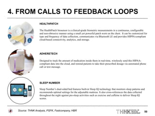 50
The HealthPatch biosensor is a clinical-grade biometric measurements in a continuous, configurable
and non-obtrusive manner using a small yet powerful patch worn on the chest. It can be customized for
type and frequency of data collection, communicates via Bluetooth LE and provides HIPPA-compliant
cloud-based connectivity, analytics, and storage.
Designed to track the amount of medication inside them in real-time, wirelessly send this HIPAA-
compliant data into the cloud, and remind patients to take their prescribed dosage via automated phone
call or text message.
Sleep Number’s dual-sided bed features built-in Sleep IQ technology that monitors sleep patterns and
recommends optimal settings for the adjustable mattress. It also cross-references the data collected
throughout the night against pre-sleep activities such as exercise and caffeine to deliver Sleep IQ
scores.
HEALTHPATCH
ADHERETECH
SLEEP NUMBER
4. FROM CALLS TO FEEDBACK LOOPS
Source: THNK Analysis, PSFK, Fastcompany, HBR
 
