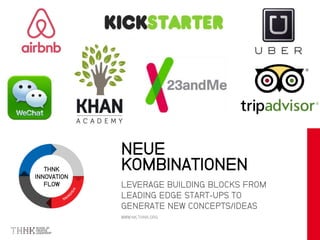 THNK
INNOVATION
FLOW LEVERAGE BUILDING BLOCKS FROM
LEADING EDGE START-UPS TO
GENERATE NEW CONCEPTS/IDEAS
WWW.NK.THNK.ORG
NEUE
KOMBINATIONEN
 