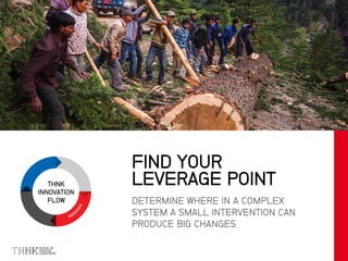THNK
INNOVATION
FLOW DETERMINE WHERE IN A COMPLEX
SYSTEM A SMALL INTERVENTION CAN
PRODUCE BIG CHANGES
FIND YOUR
LEVERAGE POINT
 