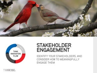 THNK
INNOVATION
FLOW IDENTIFY YOUR STAKEHOLDERS, AND
CONSIDER HOW TO MEANINGFULLY
ENGAGE THEM
STAKEHOLDER
ENGAGEMENT
 