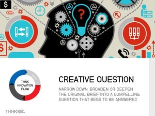 THNK
INNOVATION
FLOW NARROW DOWN, BROADEN OR DEEPEN
THE ORIGINAL BRIEF INTO A COMPELLING
QUESTION THAT BEGS TO BE ANSWERED
CREATIVE QUESTION
 