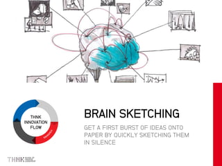 THNK
INNOVATION
FLOW GET A FIRST BURST OF IDEAS ONTO
PAPER BY QUICKLY SKETCHING THEM
IN SILENCE
BRAIN SKETCHING
 