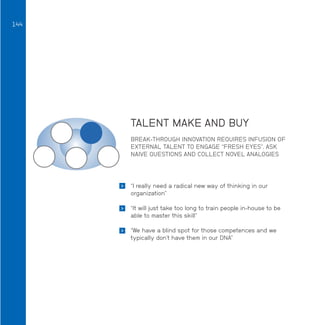 144

TALENT MAKE AND BUY
BREAK-THROUGH INNOVATION REQUIRES INFUSION OF
EXTERNAL TALENT TO ENGAGE “FRESH EYES”, ASK
NAIVE QUESTIONS AND COLLECT NOVEL ANALOGIES



“I really need a radical new way of thinking in our
organization”



“It will just take too long to train people in-house to be
able to master this skill”



“We have a blind spot for those competences and we
typically don’t have them in our DNA”

 