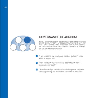 156

GOVERNANCE HEADROOM
FORM A SUPERVISORY BOARD THAT CAN STRETCH THE
EXECUTIVE BOARD AND STRETCHES WITH THE BOARD
IN THE CONTINUED ACCELERATED GROWTH IN TERMS
OF VISION AND INNOVATION



“I am selecting my new board member, but don’t know
what is a good mix”



“How can I get my supervisory board to get more
innovative minded?”



“What is the right balance of controlling what happens
versus pushing our innovative vision for our board?”

 