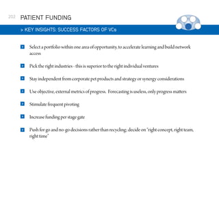 202

PATIENT FUNDING
 KEY INSIGHTS: SUCCESS FACTORS OF VCs


Select a portfolio within one area of opportunity, to accelerate learning and build network
access



Pick the right industries - this is superior to the right individual ventures



Stay independent from corporate pet products and strategy or synergy considerations



Use objective, external metrics of progress. Forecasting is useless, only progress matters



Stimulate frequent pivoting



Increase funding per stage gate



Push for go and no-go decisions rather than recycling; decide on “right concept, right team,
right time”

 
