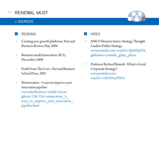 44

RENEWAL MUST
 SOURCES


READING



VIDEO



Creating new growth platforms. Harvard
Business Review, May 2006





Business model innovation, BCG,
December 2009

AMCF Horizon Series: Strategy Thought
Leaders Define Strategy
www.youtube.com/watch?v=0JyRXpYFIc
gfeature=youtube_gdata_player



Professor Richard Rumelt : What is Good
Corporate Strategy?
www.youtube.com/
watch?v=43kZDnyDXOc



Profit From The Core , Harvard Business
School Press, 2001



Winnovation - 5 ways to improve your
innovation pipeline
www.talarforum.se/artikel/rowan.
gibson/236/236/winnovation_5_
ways_to_improve_your_innovation_
pipeline.html

 